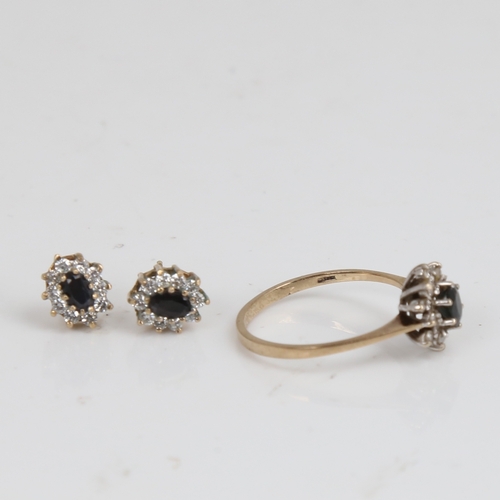 1499 - A late 20th century 9ct gold sapphire diamond and cubic zirconia cluster matching ring and stud earr... 