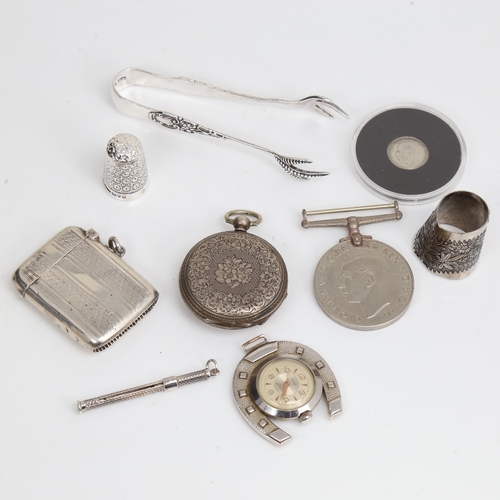 1514 - Silver Vesta case, silver fob watch, Festina horseshoe fob watch, silver thimble etc