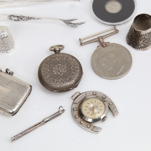 1514 - Silver Vesta case, silver fob watch, Festina horseshoe fob watch, silver thimble etc