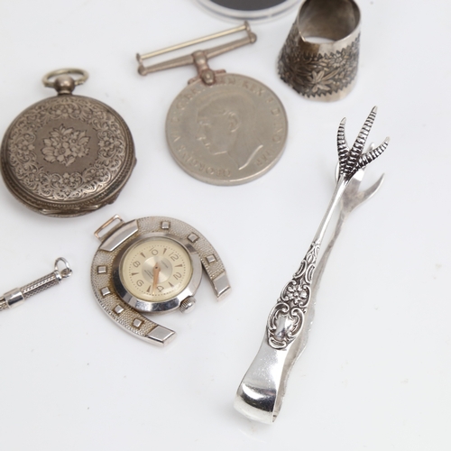 1514 - Silver Vesta case, silver fob watch, Festina horseshoe fob watch, silver thimble etc