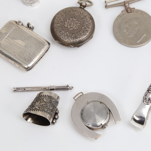 1514 - Silver Vesta case, silver fob watch, Festina horseshoe fob watch, silver thimble etc