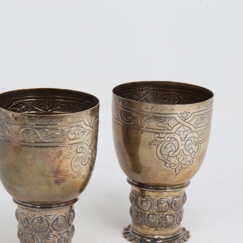 1520 - A pair of 19th century German silver double marriage wedding cups, Hanau, cylindrical form with cyli... 