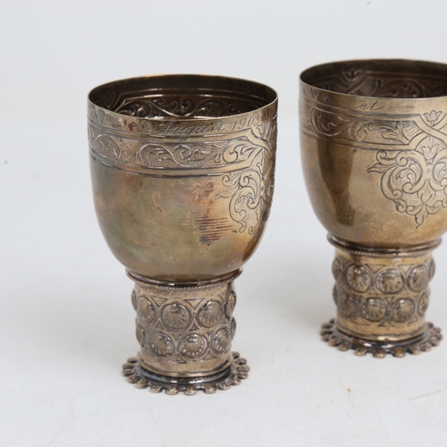 1520 - A pair of 19th century German silver double marriage wedding cups, Hanau, cylindrical form with cyli... 