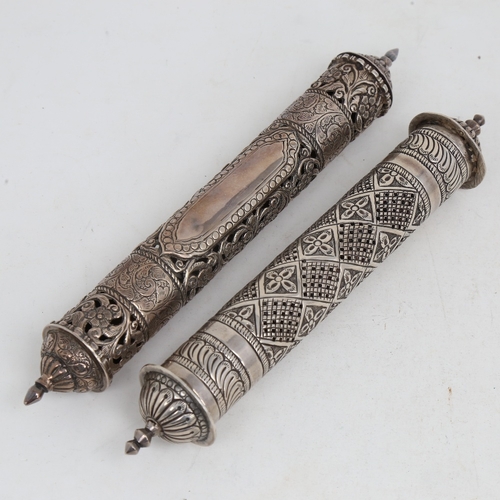 1521 - 2 Eastern unmarked white metal scroll holders, allover pierced and engraved foliate decoration, larg... 