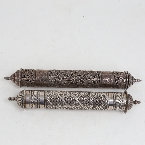 1521 - 2 Eastern unmarked white metal scroll holders, allover pierced and engraved foliate decoration, larg... 