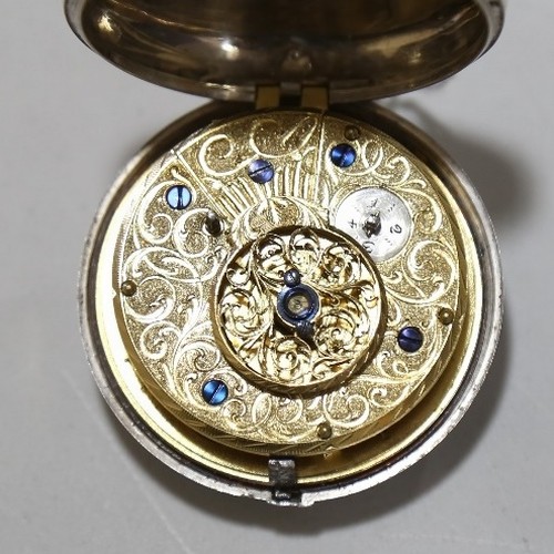 1025 - An 18th century silver pair-cased open-face keywind Verge pocket watch, white enamel dial with Arabi... 