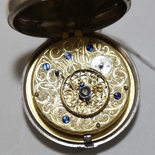 1025 - An 18th century silver pair-cased open-face keywind Verge pocket watch, white enamel dial with Arabi... 