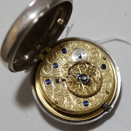 1025 - An 18th century silver pair-cased open-face keywind Verge pocket watch, white enamel dial with Arabi... 