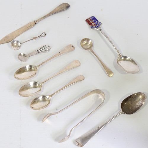 83 - A group of various silver, including Danish V Mortensen spoon, German silver butter knife, pair of s... 