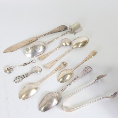 83 - A group of various silver, including Danish V Mortensen spoon, German silver butter knife, pair of s... 