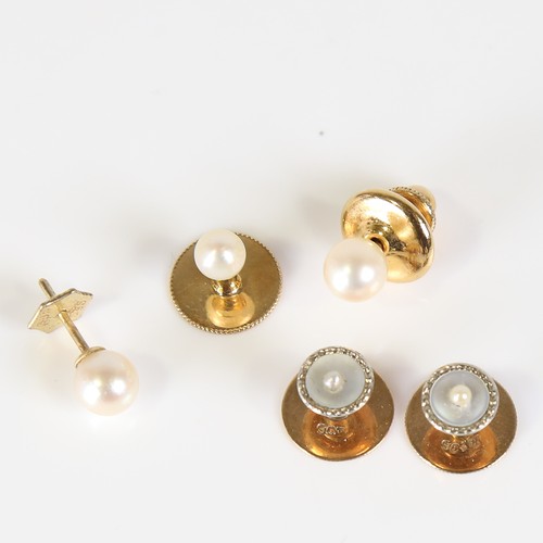 90 - A group of gold dress studs, comprising 18ct pearl stud (1g), 2 x 9ct mother-of-pearl studs (1.7g), ... 