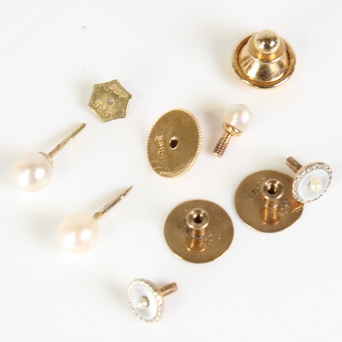 90 - A group of gold dress studs, comprising 18ct pearl stud (1g), 2 x 9ct mother-of-pearl studs (1.7g), ... 