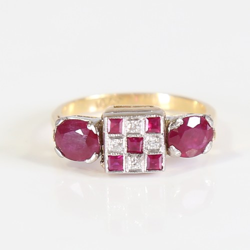 99 - An Art Deco style 18ct gold ruby and diamond panel ring, geometric chequerboard panel design set wit... 