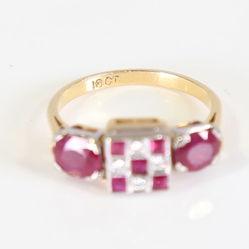 99 - An Art Deco style 18ct gold ruby and diamond panel ring, geometric chequerboard panel design set wit... 