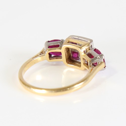 99 - An Art Deco style 18ct gold ruby and diamond panel ring, geometric chequerboard panel design set wit... 