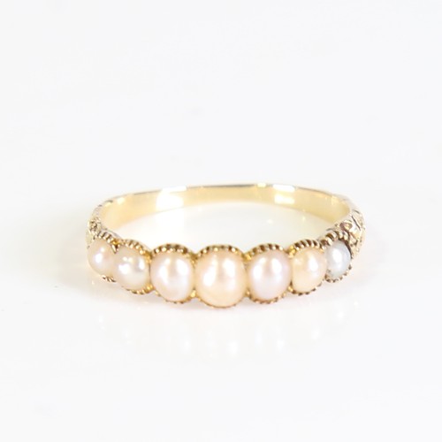 100 - A Georgian unmarked gold graduated 7-stone split pearl ring, collet setting with engraved foliate sh... 