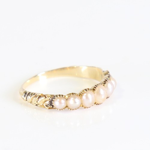 100 - A Georgian unmarked gold graduated 7-stone split pearl ring, collet setting with engraved foliate sh... 