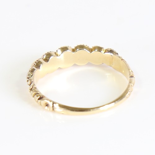 100 - A Georgian unmarked gold graduated 7-stone split pearl ring, collet setting with engraved foliate sh... 