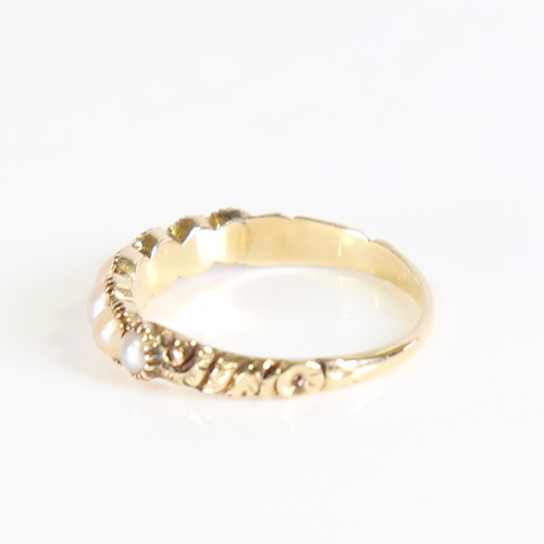 100 - A Georgian unmarked gold graduated 7-stone split pearl ring, collet setting with engraved foliate sh... 