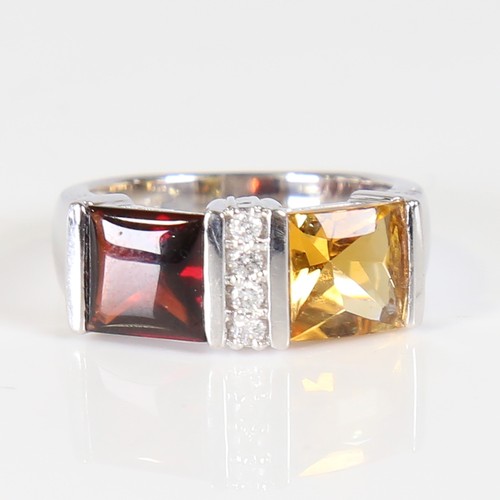 109 - A modern 18ct white gold citrine garnet and diamond dress ring, set with cabochon princess cut stone... 