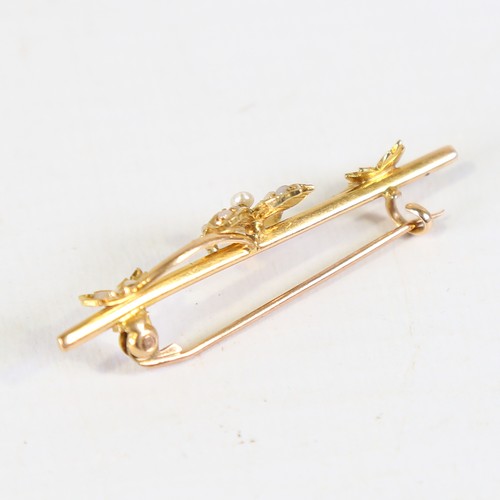 111 - An early 20th century 15ct gold split pearl leaf bar brooch, brooch length 45mm, 2.7g