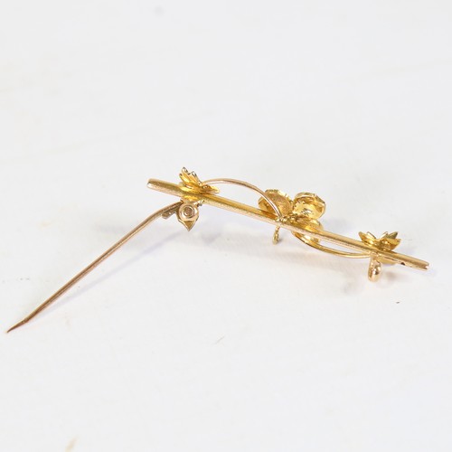 111 - An early 20th century 15ct gold split pearl leaf bar brooch, brooch length 45mm, 2.7g