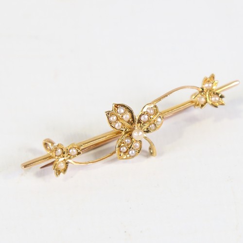 111 - An early 20th century 15ct gold split pearl leaf bar brooch, brooch length 45mm, 2.7g