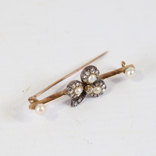 112 - An Antique pearl and diamond clover bar brooch, unmarked gold set with rose and old cut diamonds wit... 