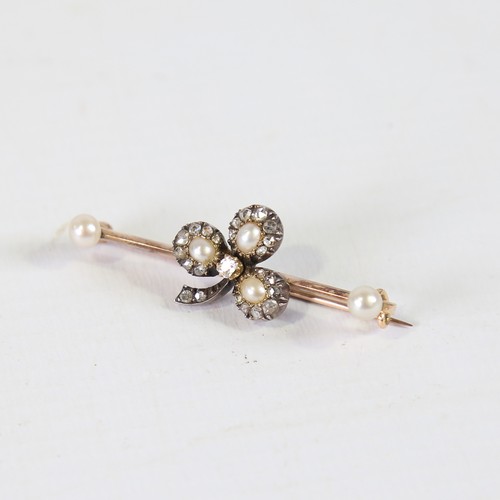 112 - An Antique pearl and diamond clover bar brooch, unmarked gold set with rose and old cut diamonds wit... 