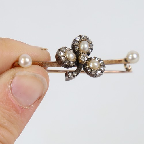 112 - An Antique pearl and diamond clover bar brooch, unmarked gold set with rose and old cut diamonds wit... 