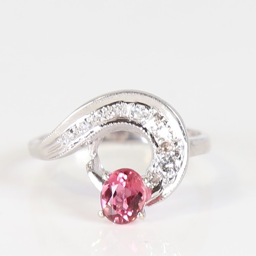 116 - A late 20th century 14ct white gold pink tourmaline and diamond cocktail ring, set with oval mixed c... 