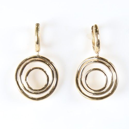 122 - A modern Italian pair of 9ct gold disc pendant earrings, earring height 31.8mm, 4.2g