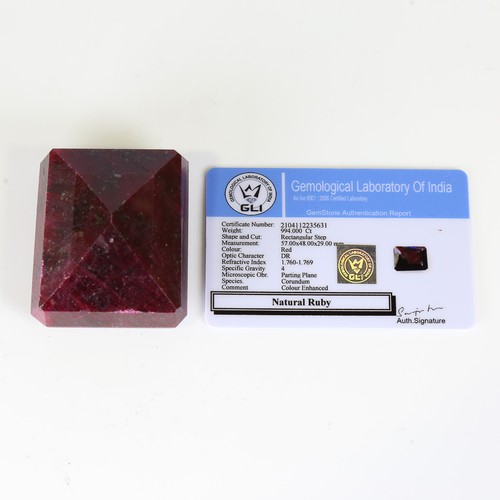 123 - 994ct unmounted rectangular step cut ruby, dimensions 57.00 x 48.00 x 29.22mm, 199.22g, with GLI Gem... 