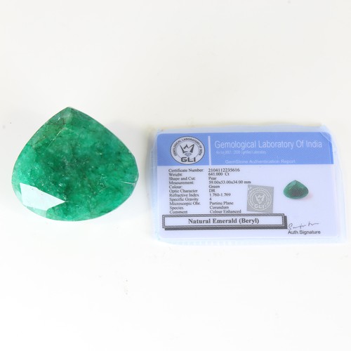 124 - 641ct unmounted pear cut emerald, dimensions: 59.00 x 53.00 x 34.00mm, 128.42g, with GLI Gemstone Re... 