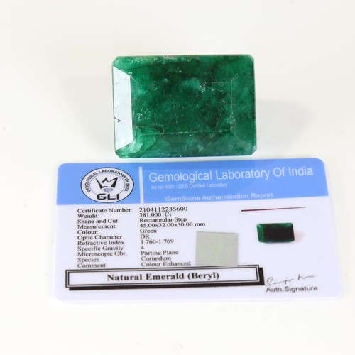 125 - 381ct unmounted rectangular emerald cut emerald, dimensions: 45.00 x 32.00 x 30.00mm, 76.32g, with G... 