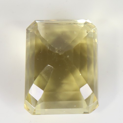 126 - 95.72ct unmounted rectangular step cut yellow quartz, dimensions: 28.66 x 21.66 x 18.59mm, 19.17g, w... 