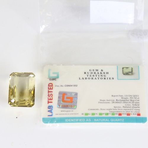 126 - 95.72ct unmounted rectangular step cut yellow quartz, dimensions: 28.66 x 21.66 x 18.59mm, 19.17g, w... 