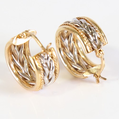 82 - A pair of modern 9ct white and yellow gold hoop earrings, ropetwist design with French lock fittings... 