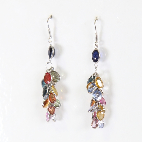 104 - A pair of modern handmade 14ct white gold vari-hue sapphire grape earrings, overall earring height 4... 