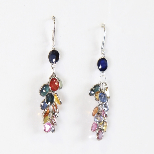 104 - A pair of modern handmade 14ct white gold vari-hue sapphire grape earrings, overall earring height 4... 