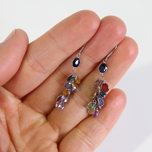 104 - A pair of modern handmade 14ct white gold vari-hue sapphire grape earrings, overall earring height 4... 