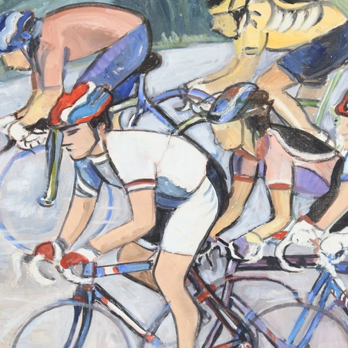 1316 - Lorna Dunn, oil on canvas, cycle race, signed, 18