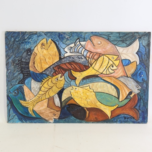 1317 - Lorna Dunn, oil on panel, abstract fish, signed, 16