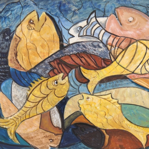 1317 - Lorna Dunn, oil on panel, abstract fish, signed, 16