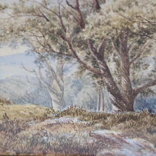 1346 - Watercolour on paper, country folk in extensive landscape, unsigned, 11.25