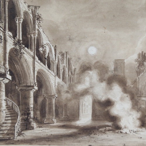 1347 - 19th century sepia watercolour, abbey ruins, unsigned, 8.25