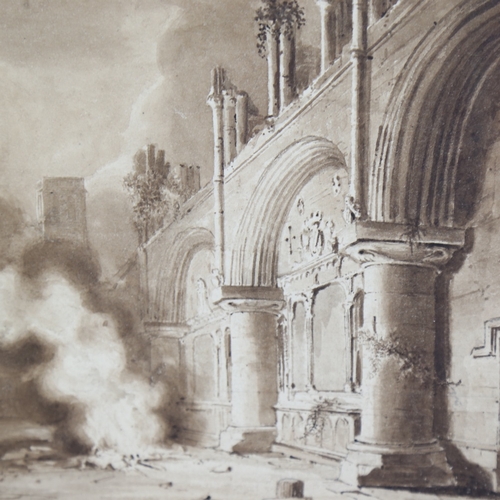 1347 - 19th century sepia watercolour, abbey ruins, unsigned, 8.25