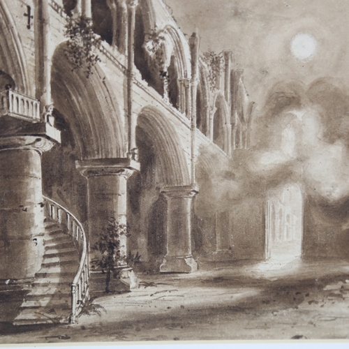 1347 - 19th century sepia watercolour, abbey ruins, unsigned, 8.25