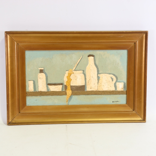 1355 - Carol Maddison, contemporary oil on board, kitchen shelf, 10