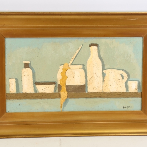 1355 - Carol Maddison, contemporary oil on board, kitchen shelf, 10